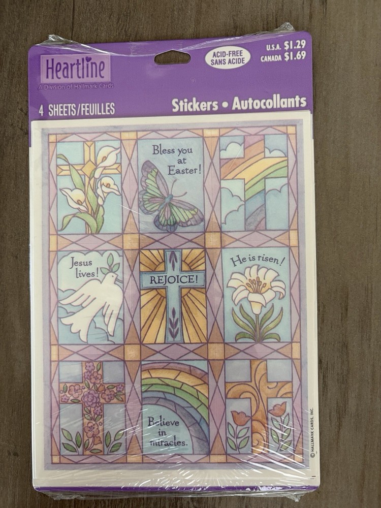 Vintage Heartline Easter Religious Stained Glass Style Stickers 4 Sheets NOS