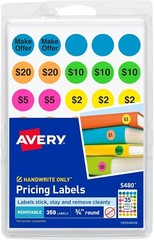 Avery Preprinted Removable Pricing Labels, 3/4 Inch Round Labels, Assorted Neon