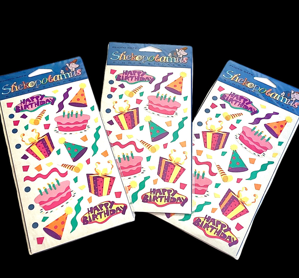 3 Pks Stickopotamus Stickers Happy Birthday Cake Presents Party Hats Streamers