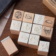 16 Pcs Planet Moon Stars Cloud Wooden Rubber 0.79 x inches, Wood Color