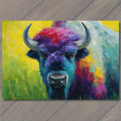 STICKER Bright Rainbow Bison Staring Forward Yellow Field Colorful Horned Buff