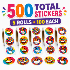 500 Funky Smile Face Stickers 1.5″ Roll Classroom Rewards Party Favors