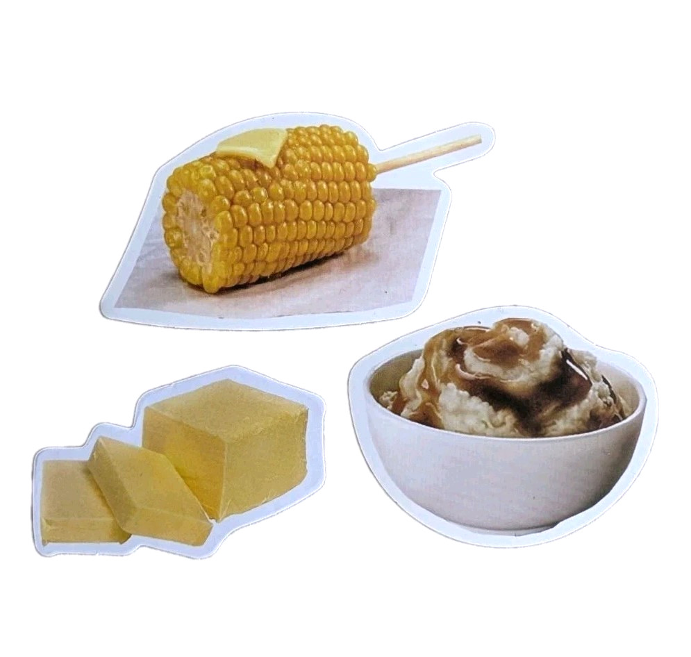Vintage Food Sticker Mashed Potatoes And Gravy Sweet Corn Butter Delicious 3 Pc