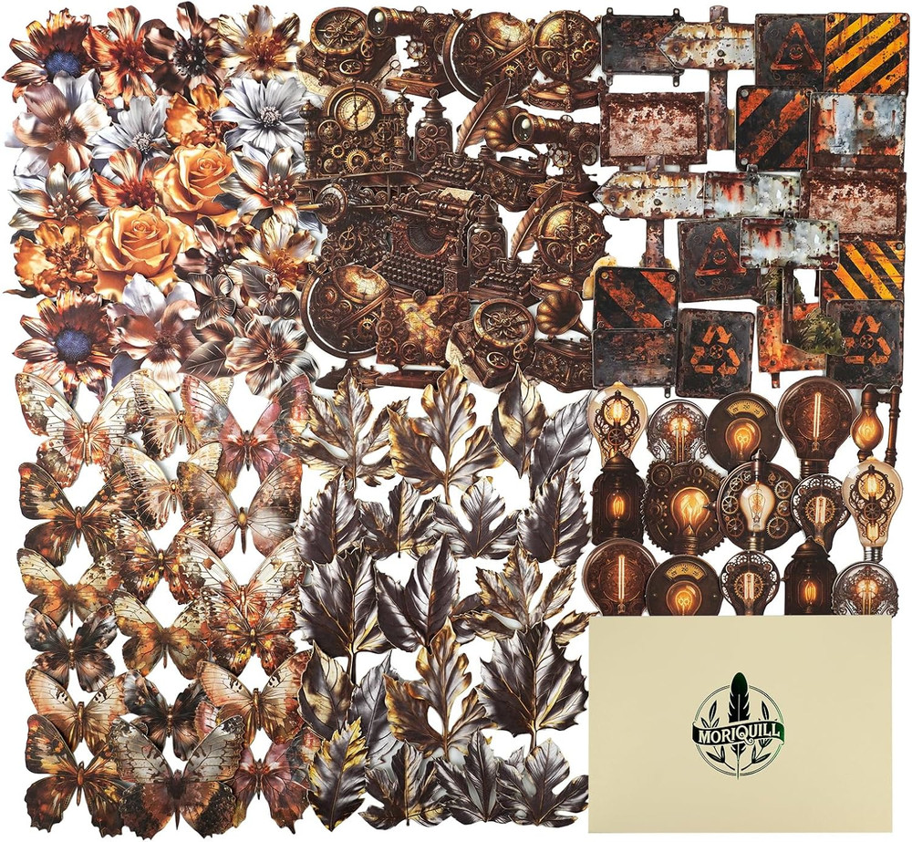120PCS Steampunk Vintage Stickers – Die-Cut Antique Gears, Bulbs & Butterflies w
