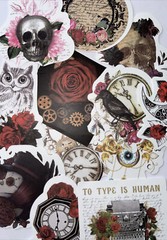 VICTORIAN ASSORTMENT Stickers(6pc)Steampunk•Skull •Roses•Clock•Flowers•Gears•