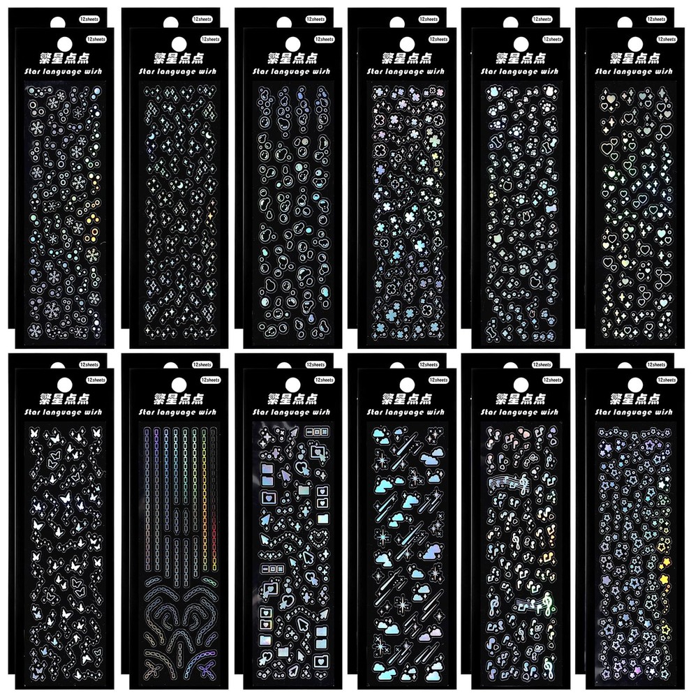 24 Sheets Holographic Korean Deco Stickers Glitter Star Moon Scrapbook