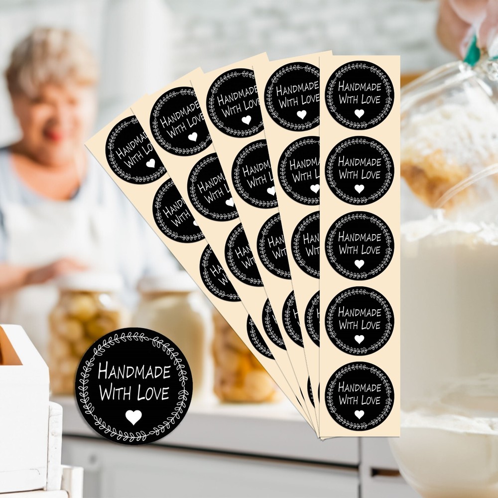 «Handmade with Love» Black 1.5″ Stickers | 100 Pack | Inch Round – For Gifts