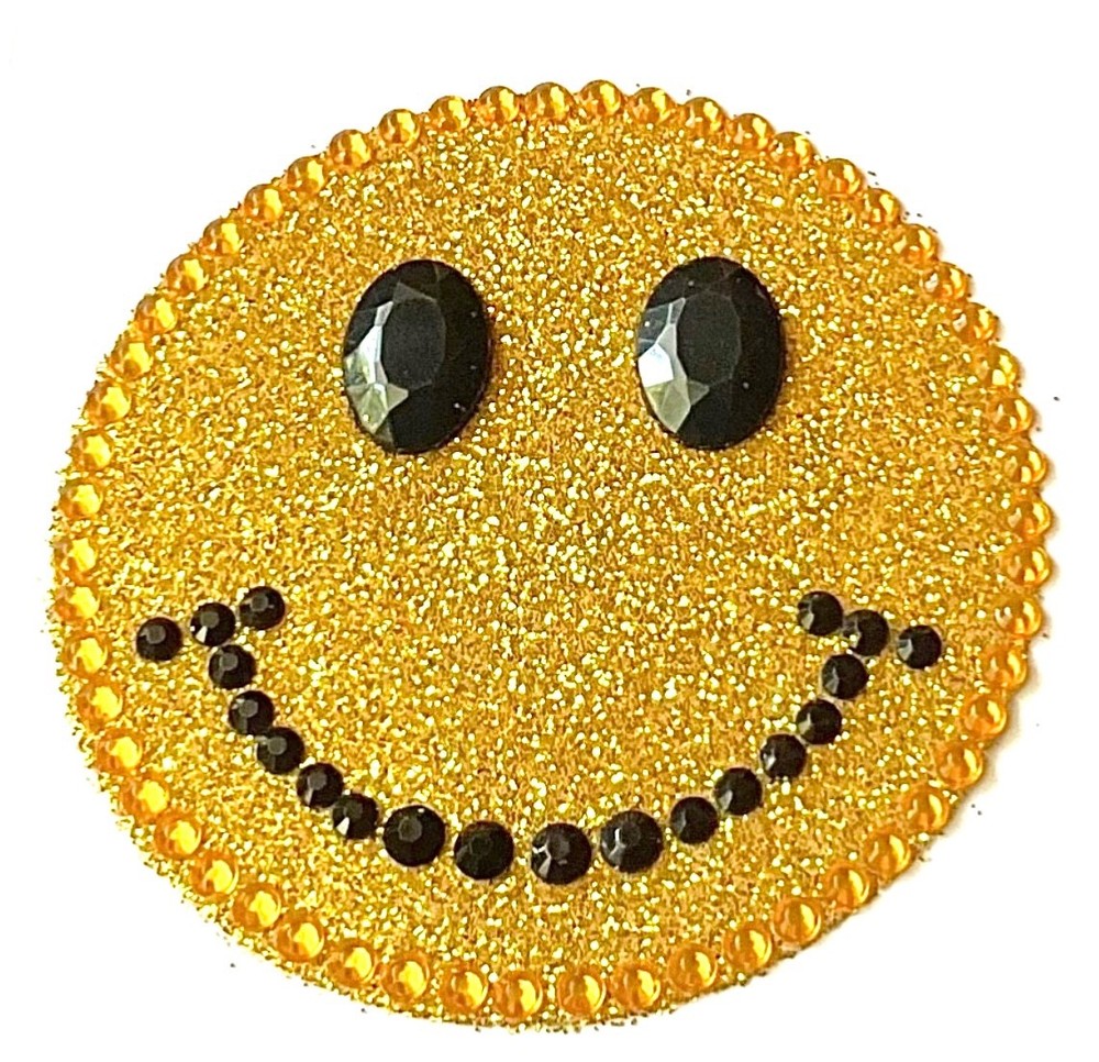 Lg. Smiley Face Rhinestone & Glitter Adhesive Gem Sticker 2.5”, Retro/Hippie