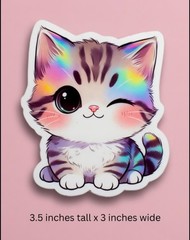 Cute Rainbow Holographic Kitten Sticker – Chibi Winking Cat Vinyl Decal 3.5″