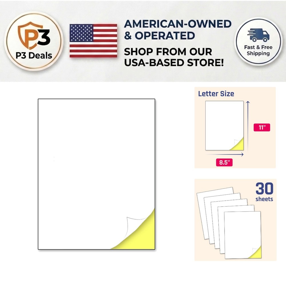 30 Sheets Self-Adhesive Matte Printable Sticker Paper for Inkjet/Laser Printing