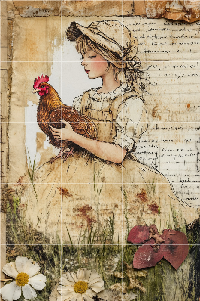 Junk Journal Art Card, FARM GIRL WITH HER CHICKEN Scrapbook Card Topper 4″ x 6″
