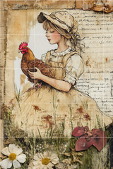 Junk Journal Art Card, FARM GIRL WITH HER CHICKEN Scrapbook Card Topper 4″ x 6″