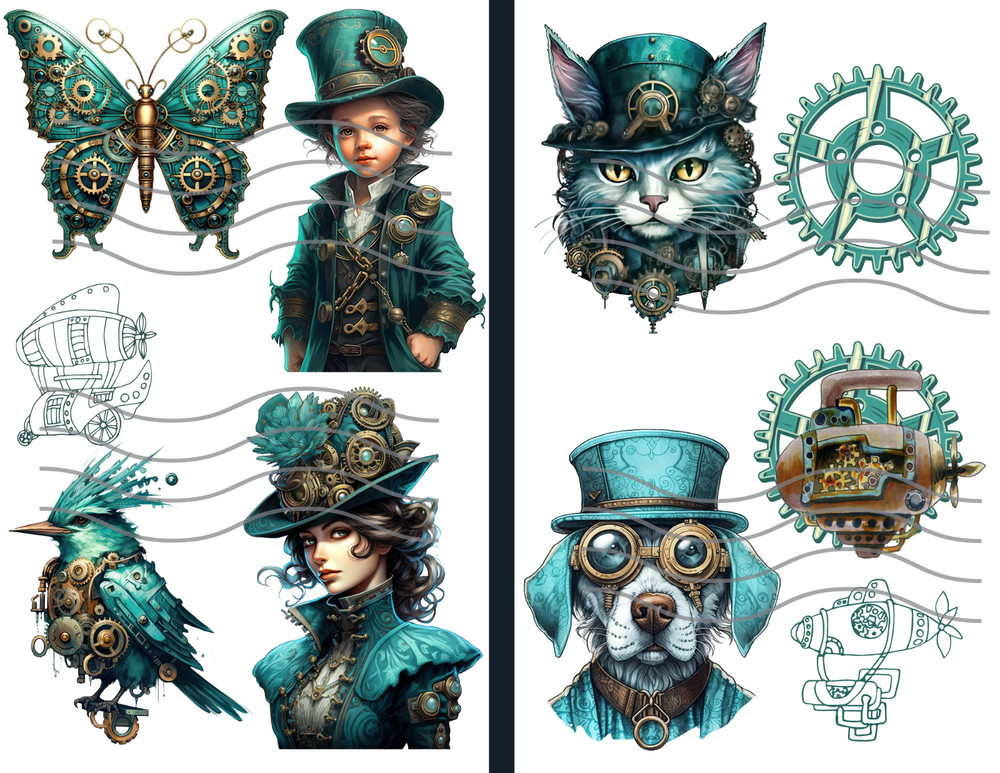 Teal Steampunk Set 2 Collage Sheet Supplies Scrapbook Junk Journal Card Toppers