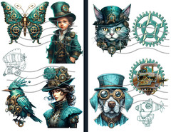 Teal Steampunk Set 2 Collage Sheet Supplies Scrapbook Junk Journal Card Toppers