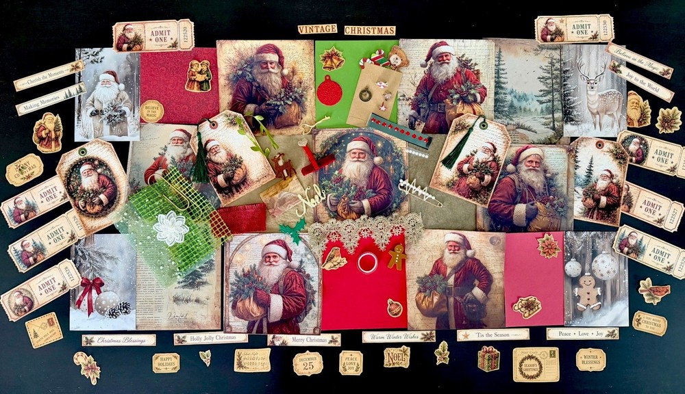 Vintage Christmas Junk Journal Kit Ephemera Bundle Santa Tags Tickets 100+ Pc