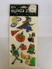 Vtg Halloween Puffy Stickers Taiwan Lot of 3 Owl Pumpkin Ghost Skeleton NOS