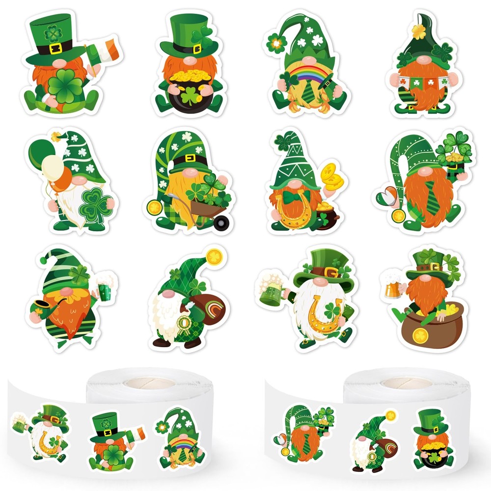 1000 Pcs St. Patrick’s Day Stickers Roll Cartoon Gnome Lucky Clover Self-Adhes