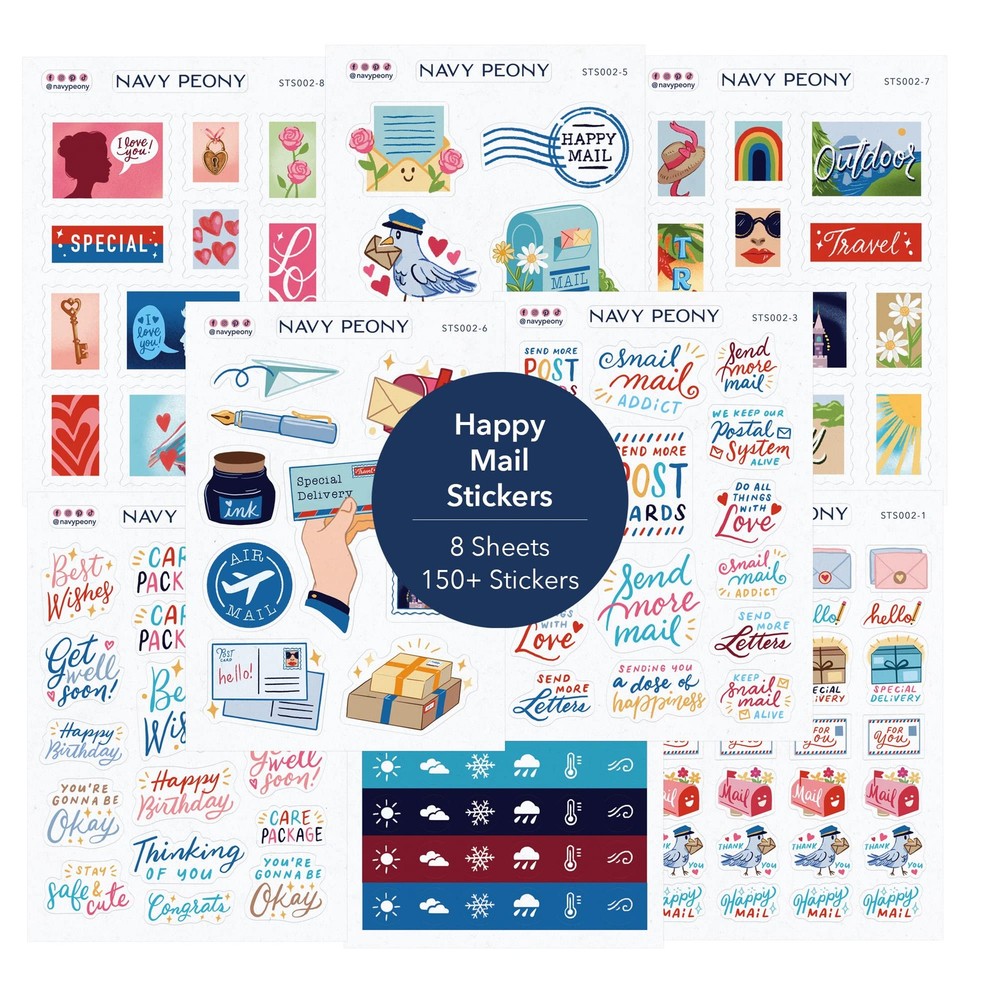 Navy Peony Happy Mail Stickers (8 Sheets, 130+ Small Postal Theme Colors