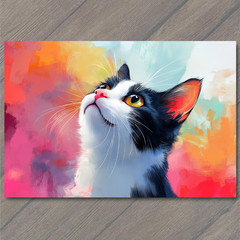 STICKER Cat Side Gaze Orange Eyes Black White Rainbow Whiskers Bold Colors