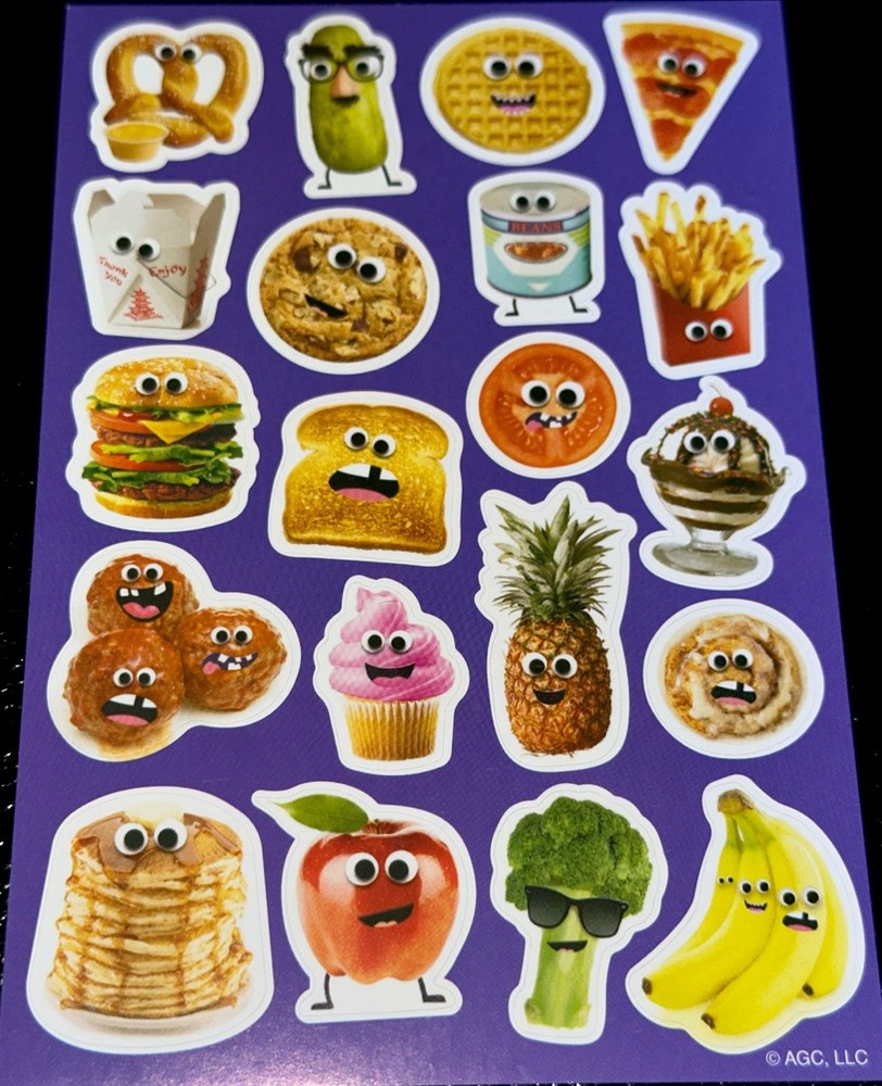 FOOD FRUITS DESSERTS STICKERS✨🥨🥞🍕🍪🍟🍔🍨🍍🍎🥦🍌✨6” x 4”✨😋✨approx✨1”✨💫