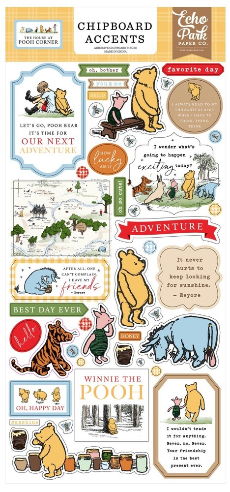 Echo Park Paper THE HOUSE AT POOH CORNER 6×13 Sheet Adhesive Chipboard Accents