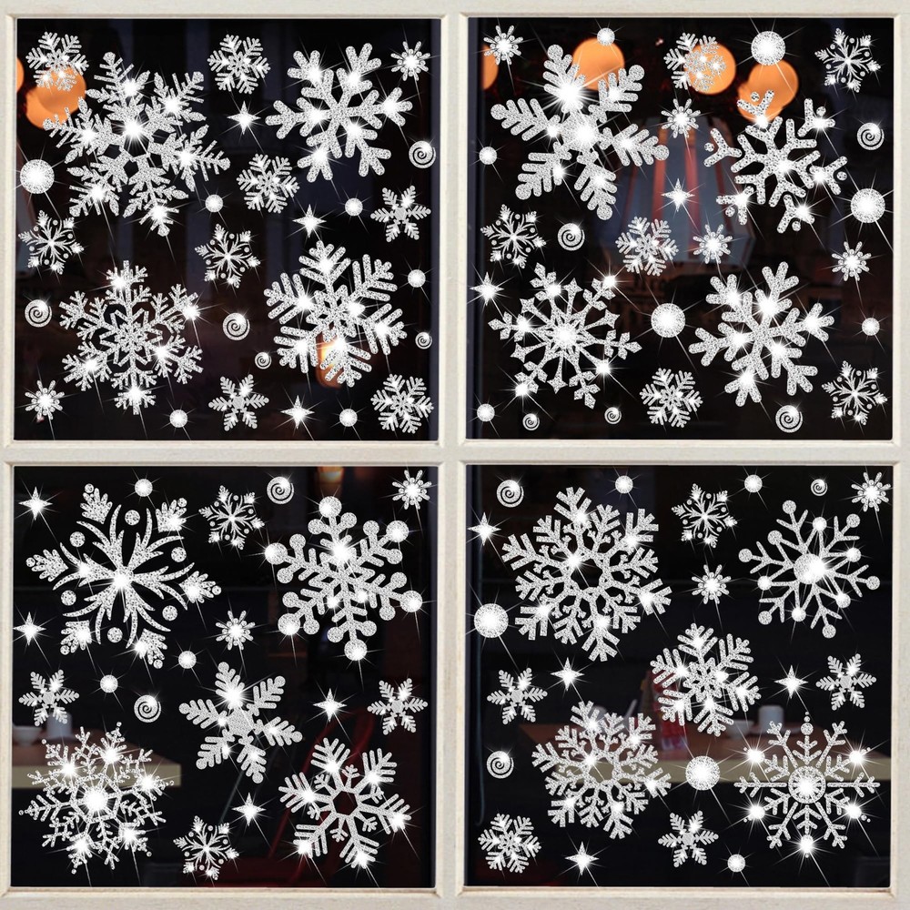 Glitter Snowflake Window Clings, 147PCS Silver Sparkling Christmas Window Cli…