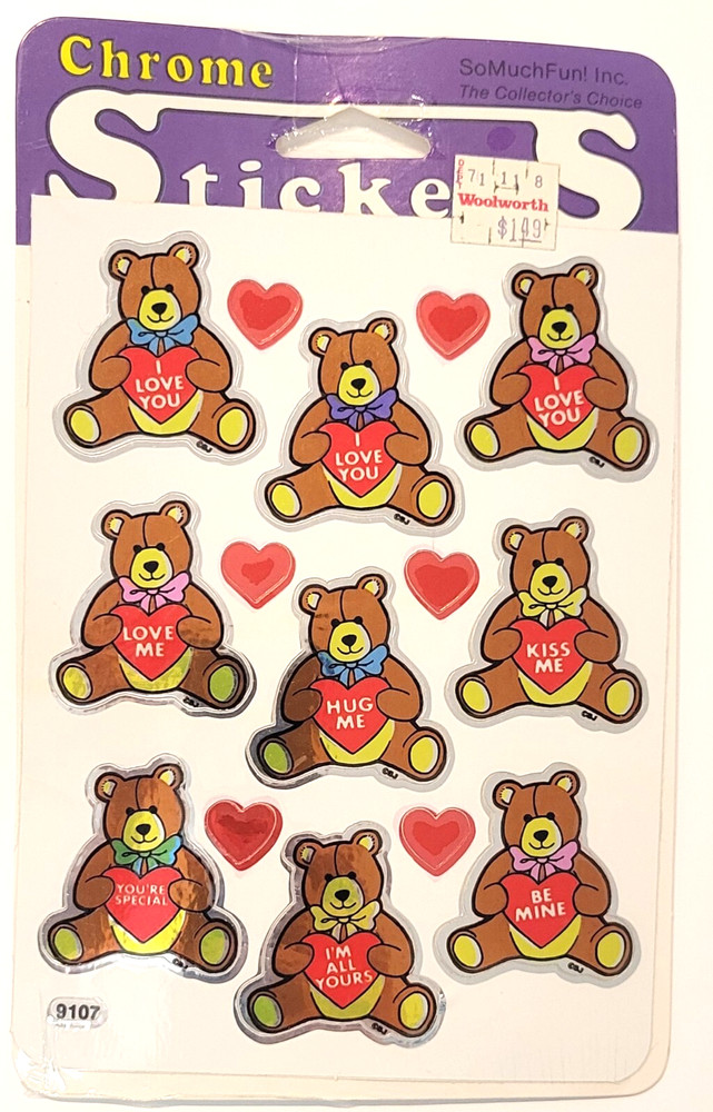 Vintage Stickers Chrome Foil Bears I Love You BJ’s Hearts Sealed