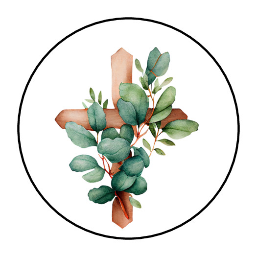30 CROSS WITH EUCALYPTUS STICKERS ENVELOPE SEALS LABELS 1.5″ ROUND GREENERY