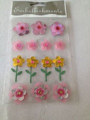 BARNES & NOBLE EMBELLISHMENTS STICKER FLOWERS PINK YELLOW VELLUM W/GEMS THICK 3D