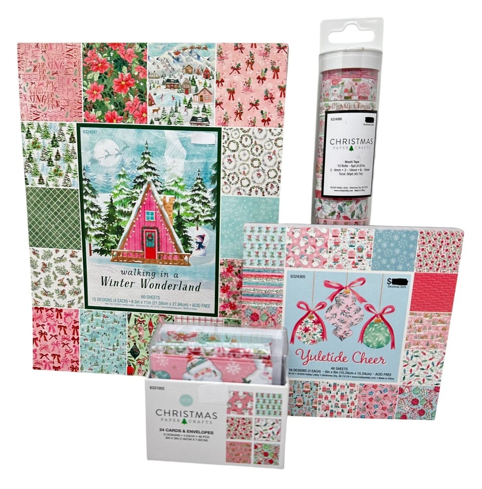 Christmas Paper Crafts Set Pink Holiday Scrapbook Holiday Packs Cards Washi Tape