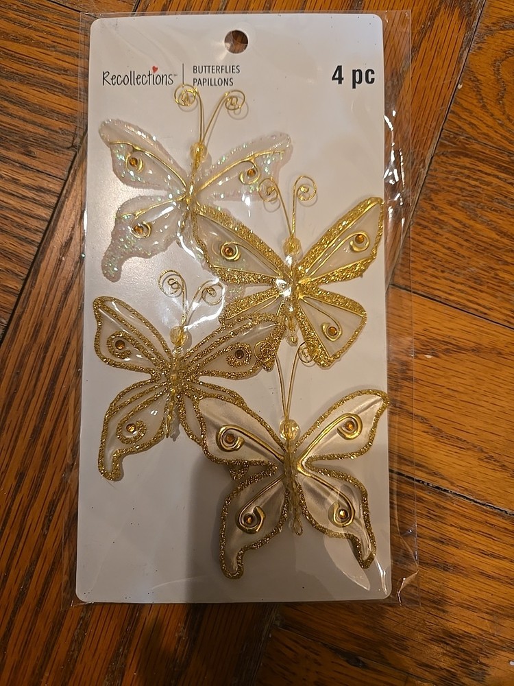 Recollections 3D GOLD Butterflies Glittery Beaded Scrapbook Embellishments 4pc