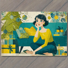 STICKER Woman Sitting by Christmas Tree Holding Gift Cozy Holiday Home Decor