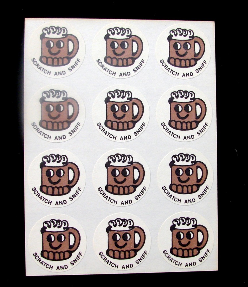 VINTAGE 70s CTP 1977 MATTE SCRATCH & SNIFF STICKERS ROOT BEER SHEET OF 12