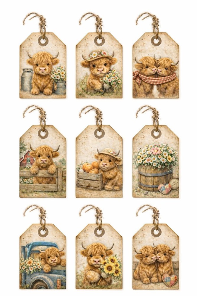 Cute Highland Cows Country Tags Set Junk Journal Scrapbook