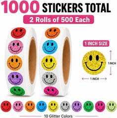 1000 PCS Glitter Smiley Face Stickers for Kids – 1 Inch Round Holographic Happy