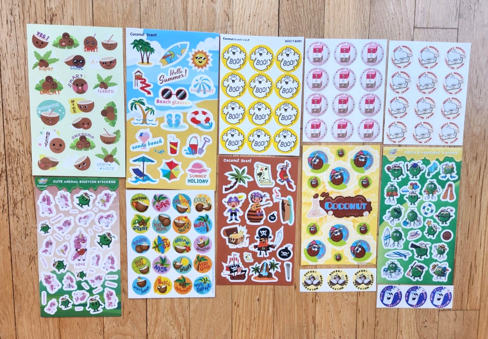 COCONUT SCENT 166 Scratch & Sniff Stickers PIE Candy PIRATES Unicorns GHOSTS