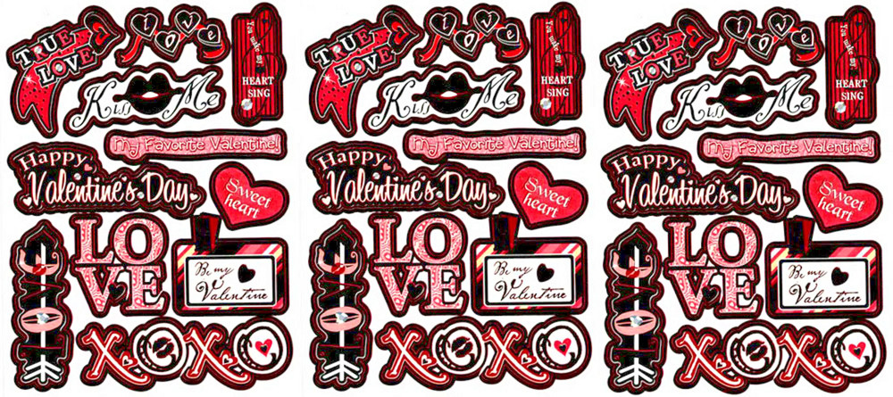 3 Sheets VALENTINES Day Shiny Words LOVE XOXO KISS ME Stickers