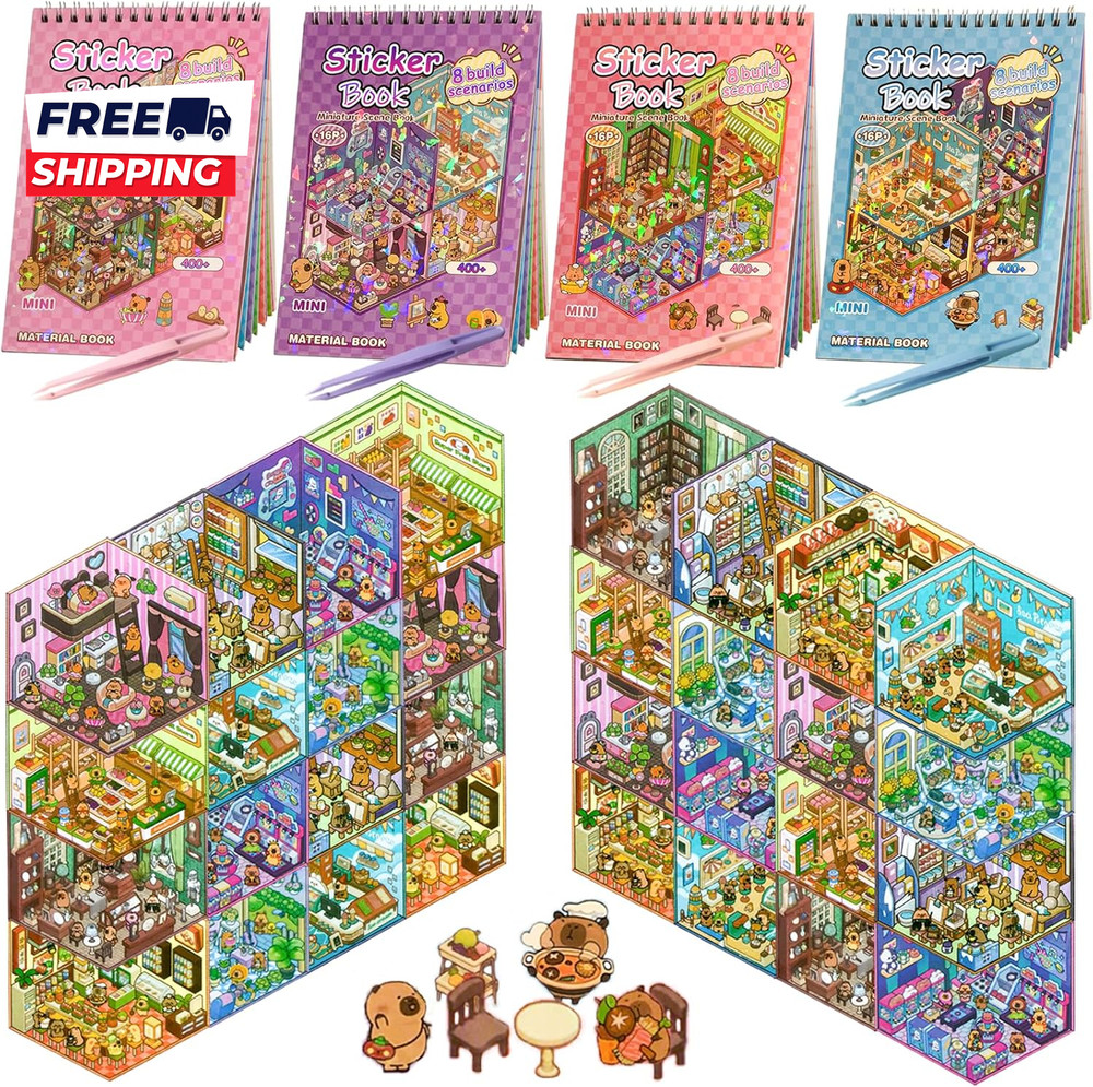 4 Sticker Books (1200+) 32 DIY 3D Scene Sticker Collection with Tweezers