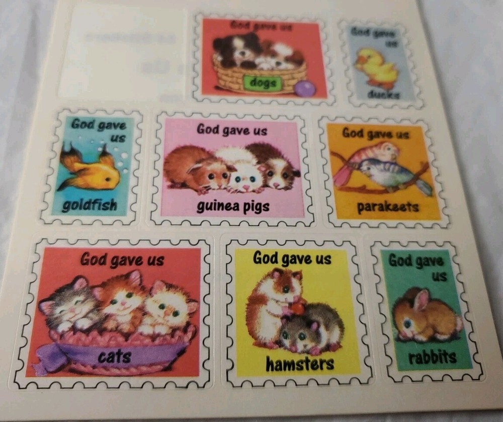 Vtg Stickers God Gave Us Animals Kittens Puppies Duck Sticker Pack 6 Sheets 1998