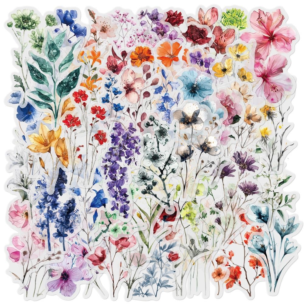 Wildflower Watercolor Stickers 50Pc, Resin Art Card Making, Multicolor