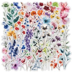 Wildflower Watercolor Stickers 50Pc, Resin Art Card Making, Multicolor