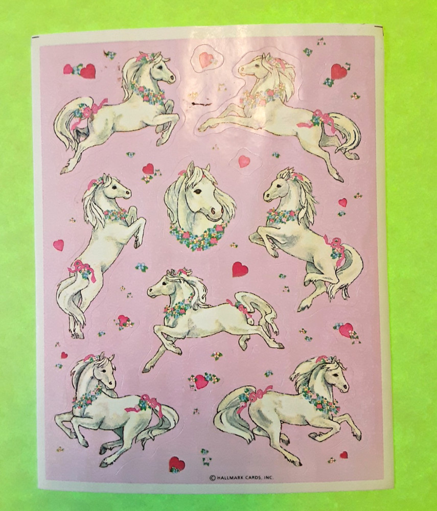 vintage Hallmark pretty white horses sticker sheet *damaged*