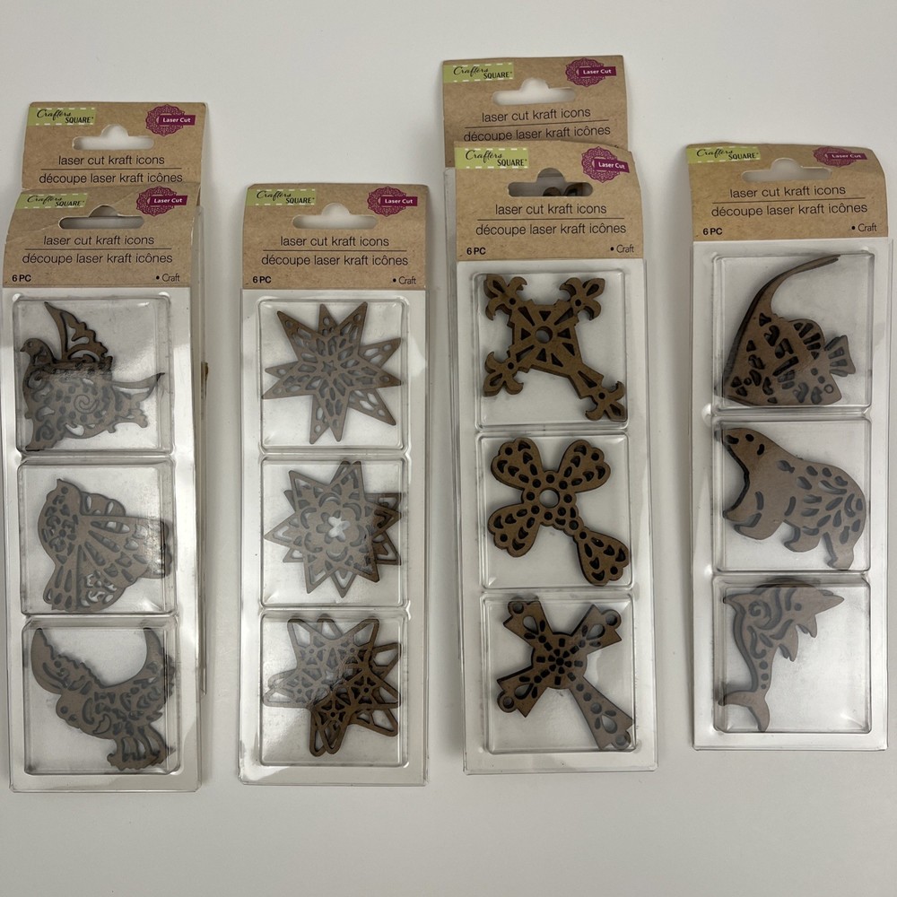 Crafters Square Laser Cut Kraft Icons Birds Stars Crosses Fish Lot of 6