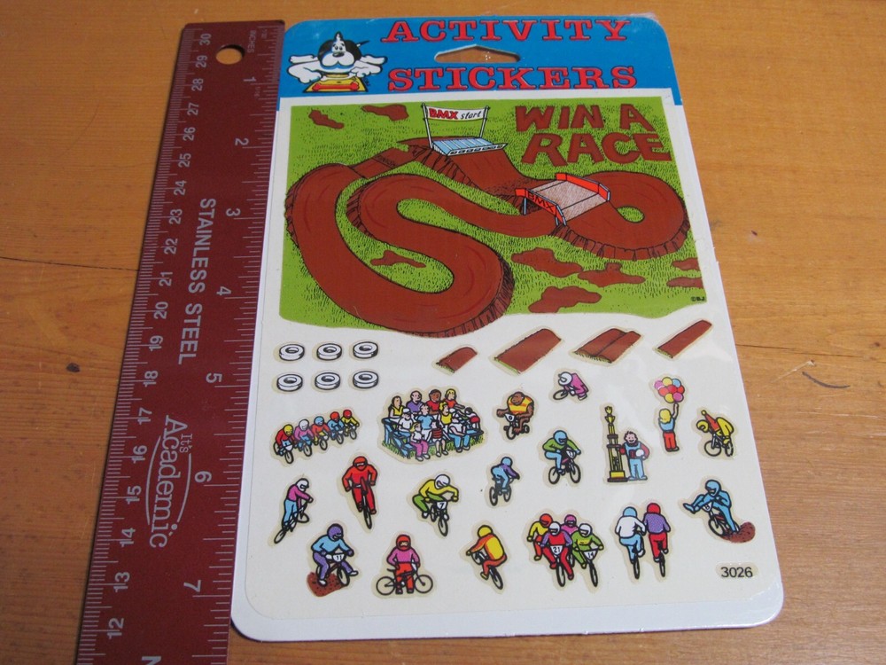 ACTIVITY STICKER SHEET VINTAGE WIN A RACE CLEAR MOTOR BIKE NIP 1980’S