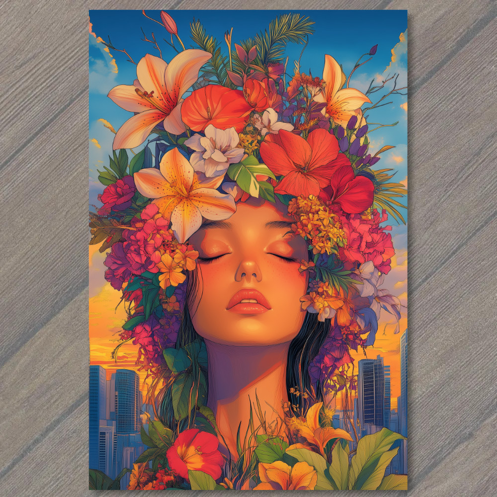 STICKER Woman Face Garden Flowers Skyscrapers Sunset Orange Yellow Blossoms