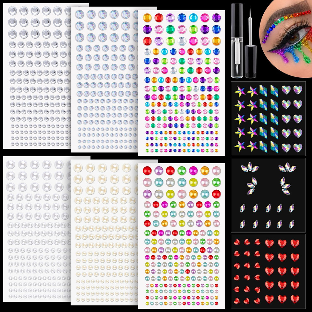 9 Sheets Face Rhinestones and Pearl Stickers Set 1, Rainbow Mixed Shape Self Adh