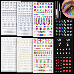 9 Sheets Face Rhinestones and Pearl Stickers Set 1, Rainbow Mixed Shape Self Adh