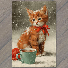 STICKER Kitten Red Bow Green Mug Snow Winter Cat Cute Holiday Coffee Cozy Chri
