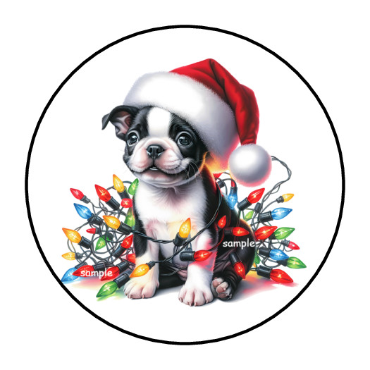 BOSTON TERRIER CHRISTMAS STICKERS ENVELOPE SEALS LABELS 1.5″ ROUND (30) LIGHTS