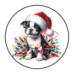 BOSTON TERRIER CHRISTMAS STICKERS ENVELOPE SEALS LABELS 1.5″ ROUND (30) LIGHTS